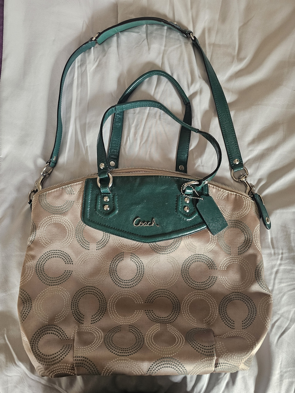 Coach Optic Green and Beige  Leather-Trim Satchel